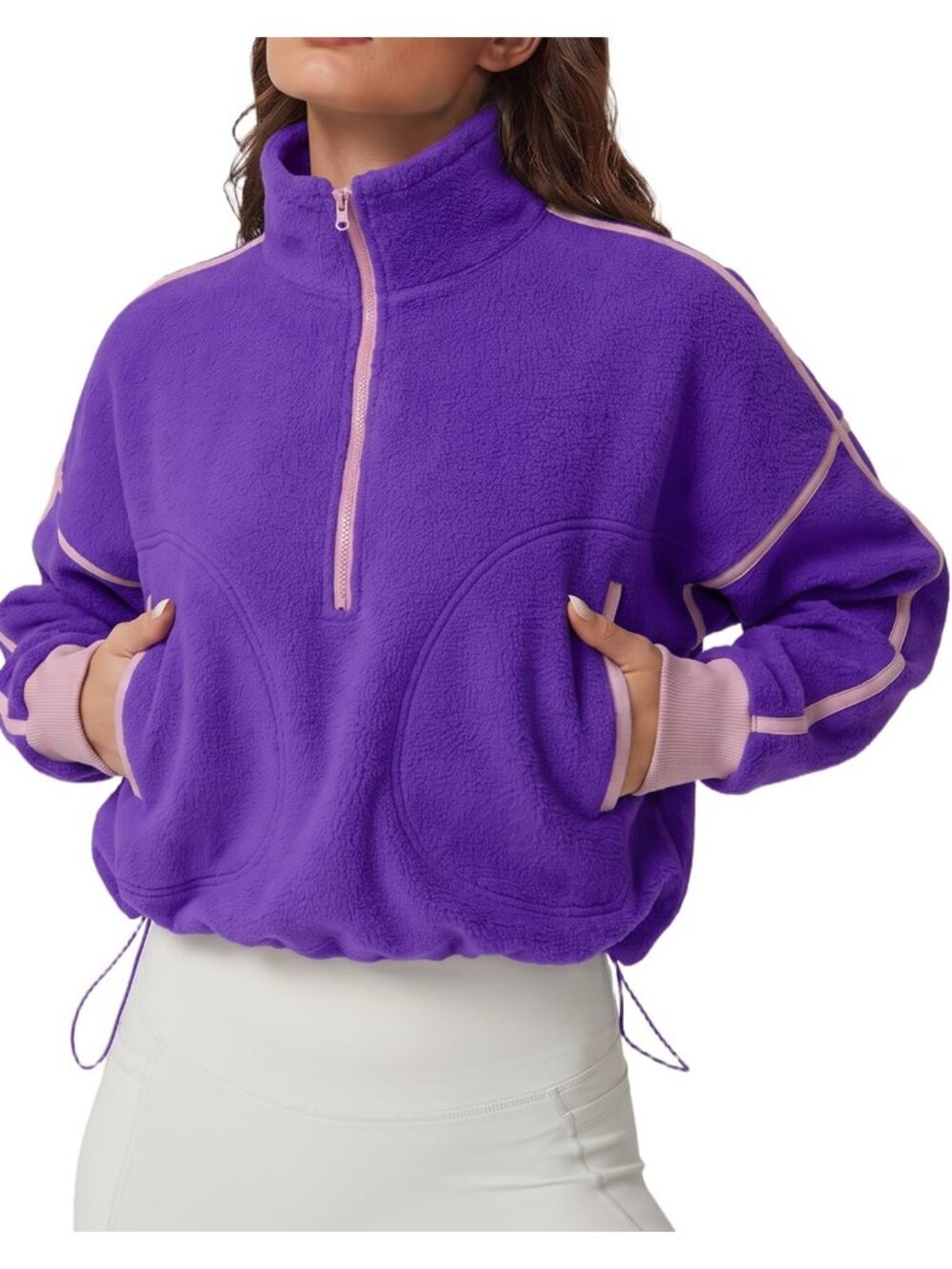 Women Purple Fleece Half-Zip Cropped Teddy Drawstring Hem Cozy Sherpa Sweatshirt
